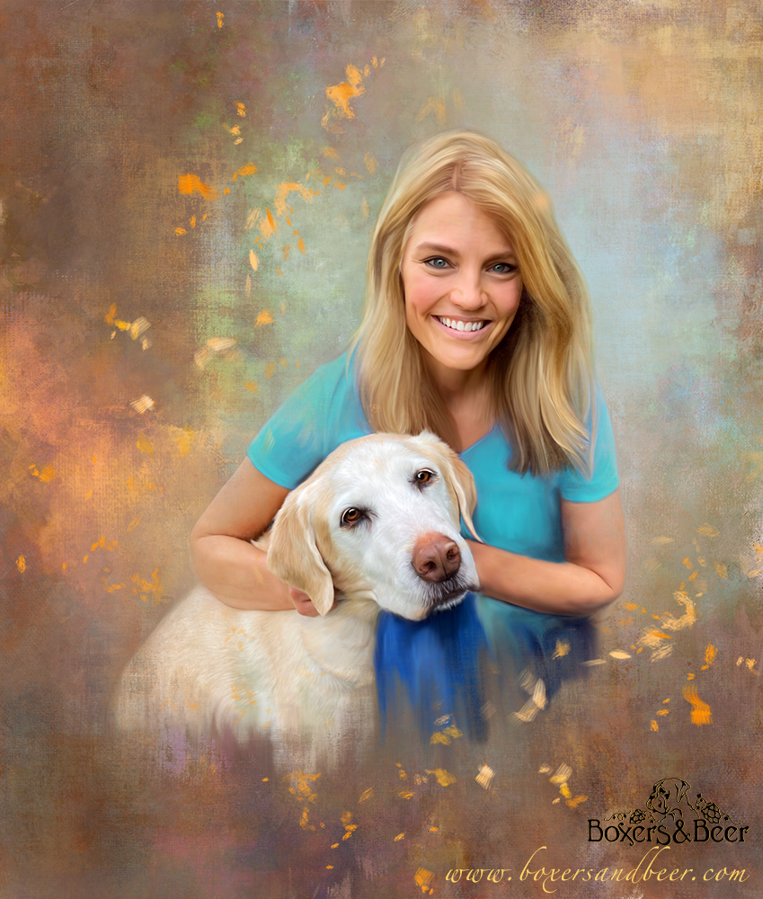 Woman and yellow labrador retriever artwork