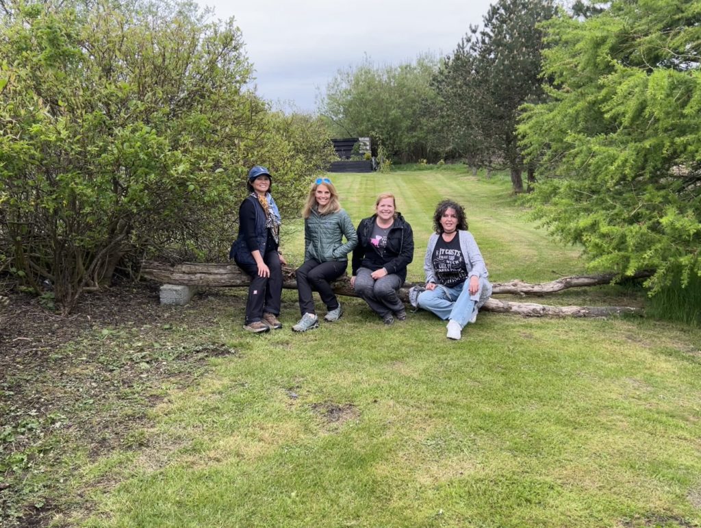 four women sitting on a log