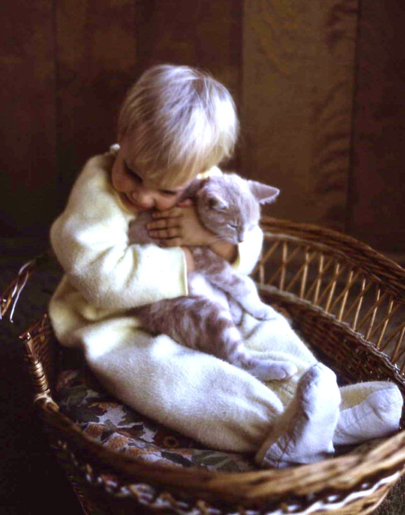 little girl sitting down hugging a cat