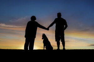 silhouette of a man and woman holding hands with a dog in between them