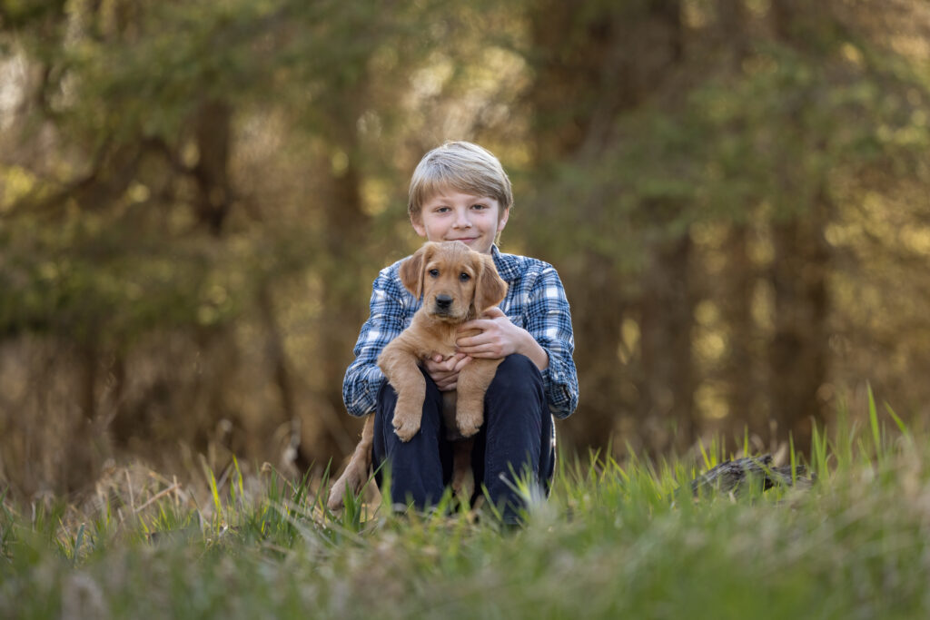 golden retriever puppy being held by a blonde boy